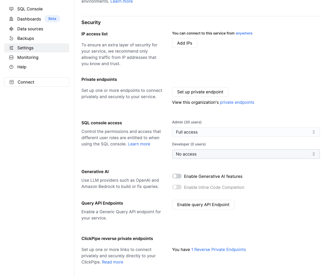 Настройки ClickHouse Cloud