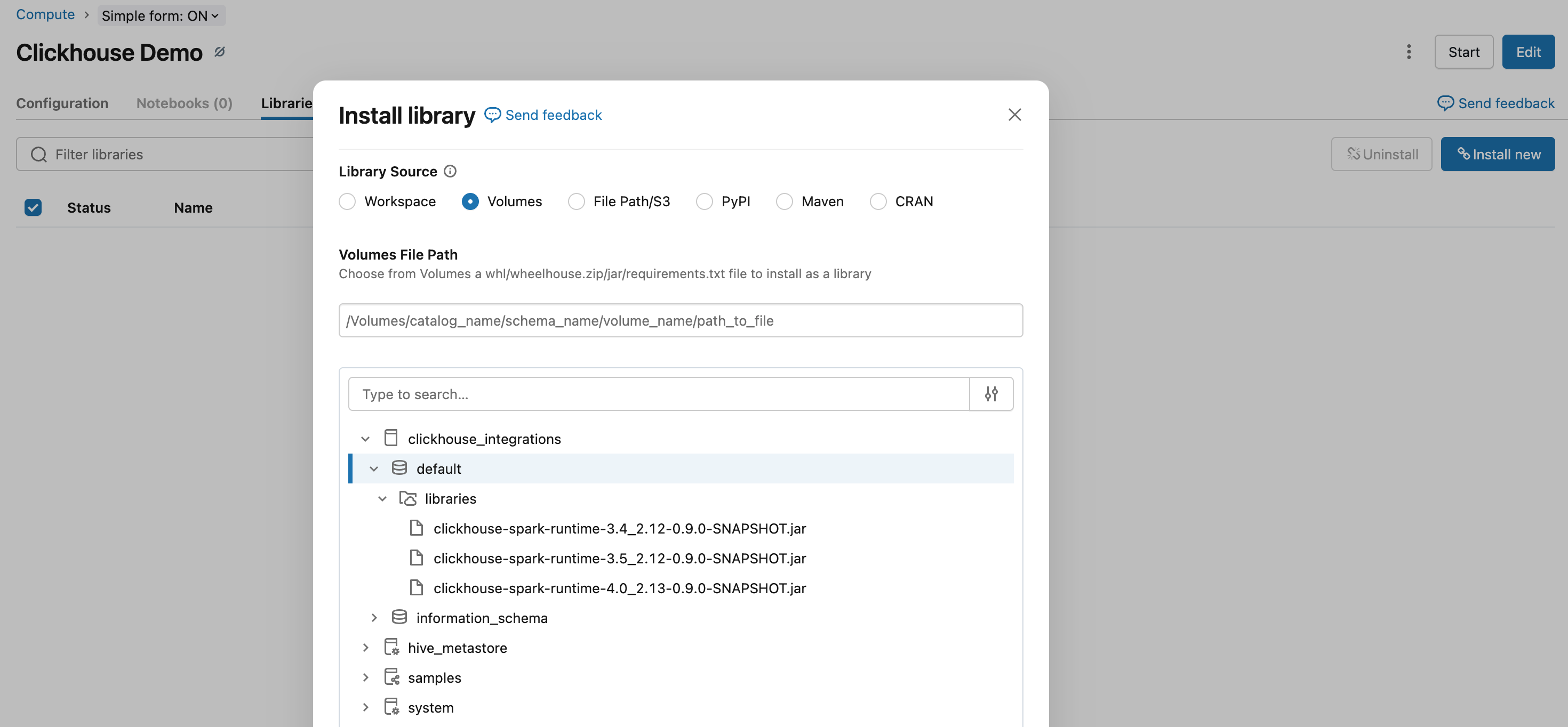 Установка библиотеки из тома рабочего пространства