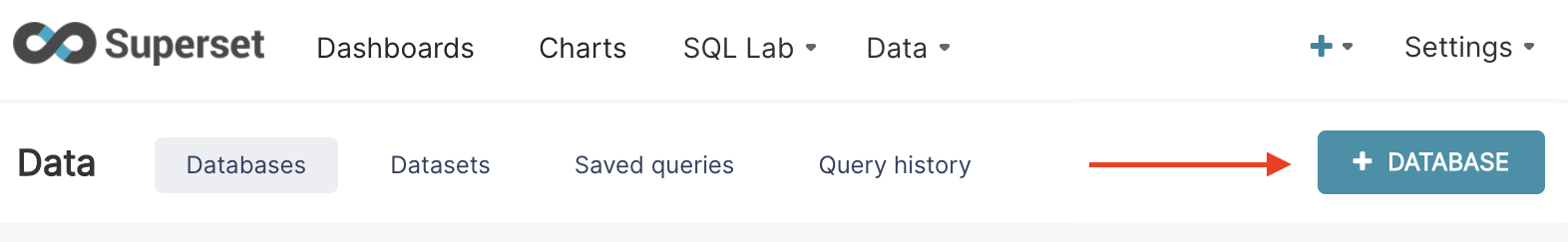 Интерфейс Superset с меню Database и выделенной кнопкой + Database